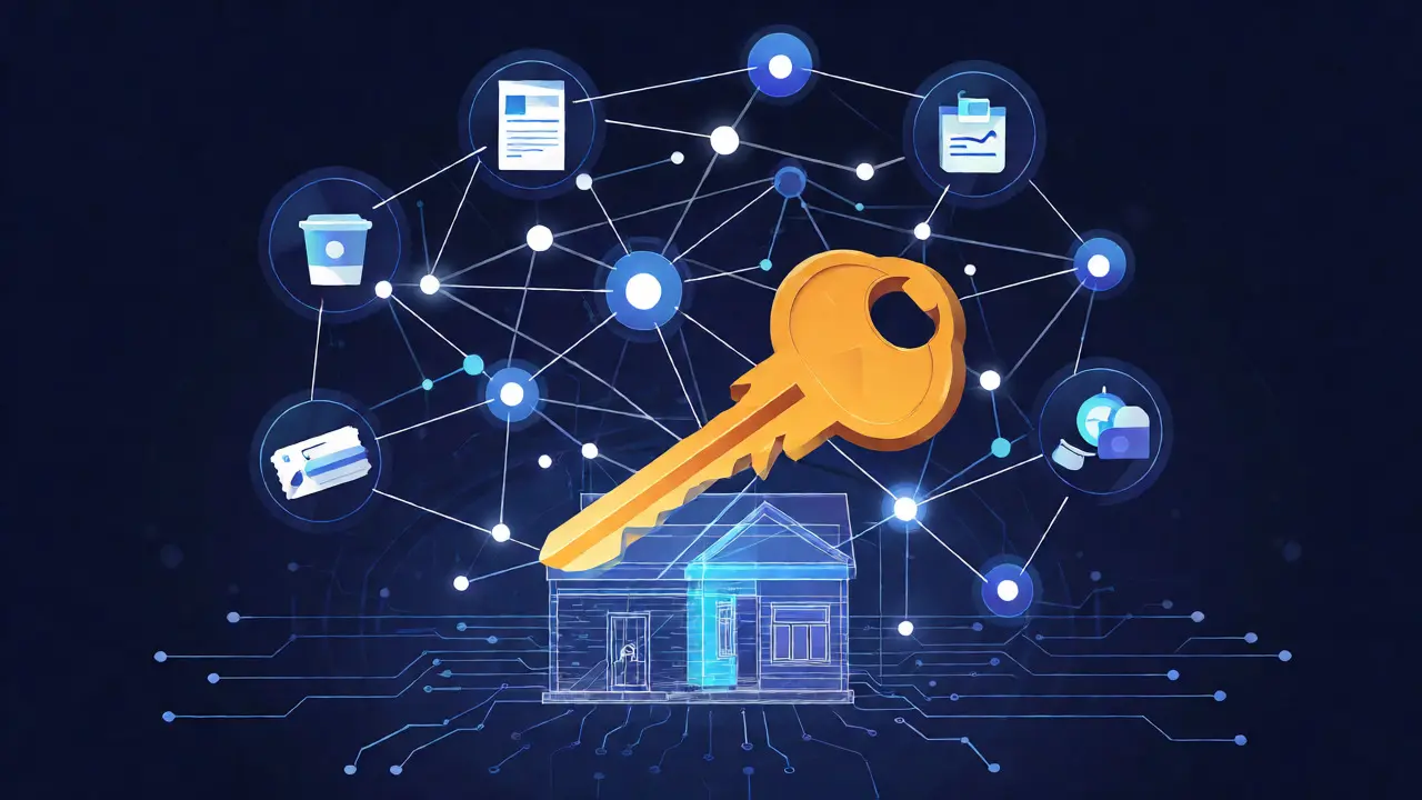 Ilustración abstracta de nodos de datos conectados que forman una llave sobre un plano de casa.