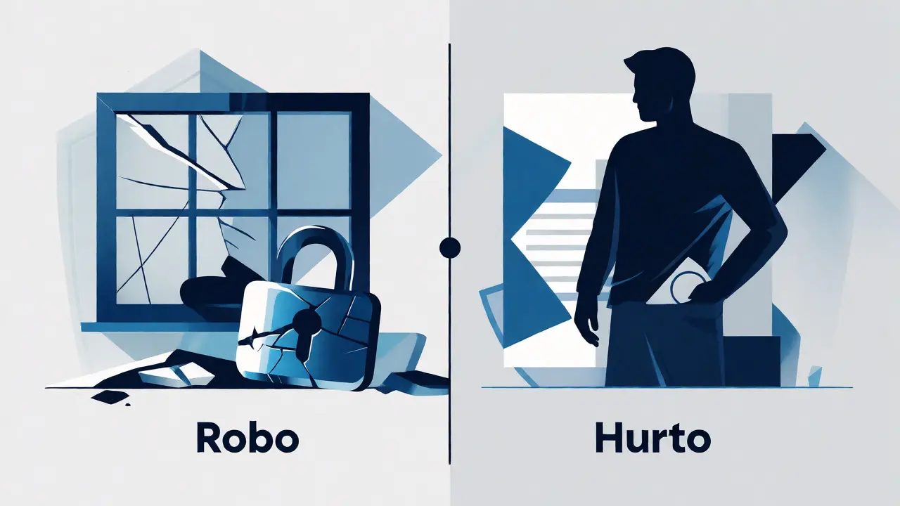 Ilustración conceptual comparando robo con fuerza y hurto sin violencia