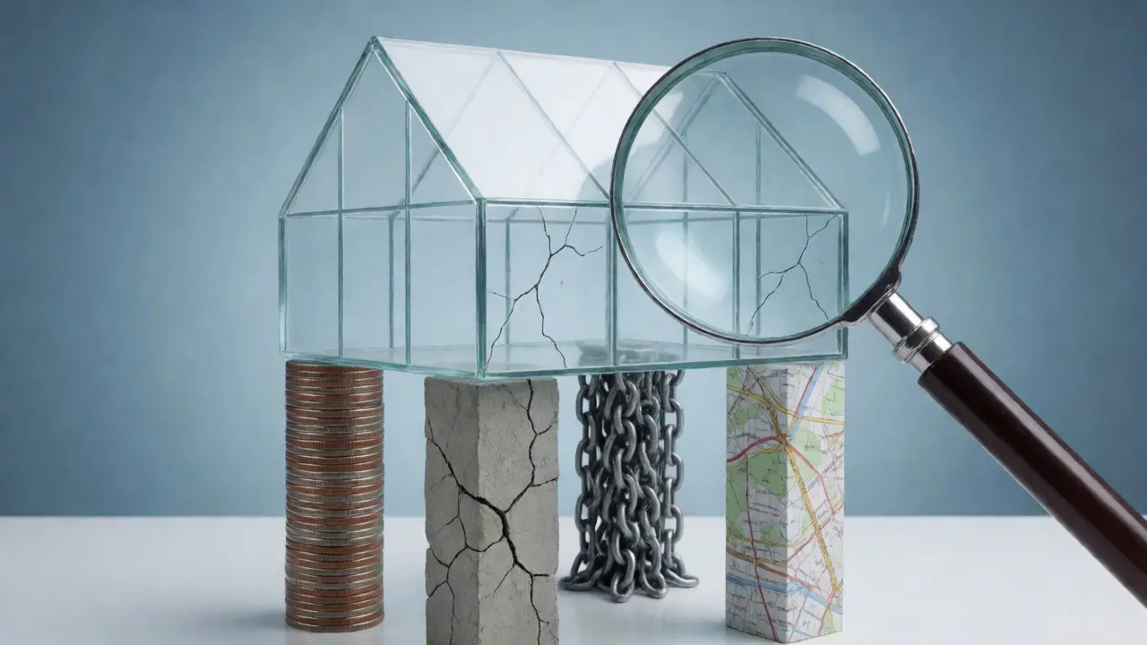 Ilustración conceptual de casa de vidrio sostenida por pilares de riesgos