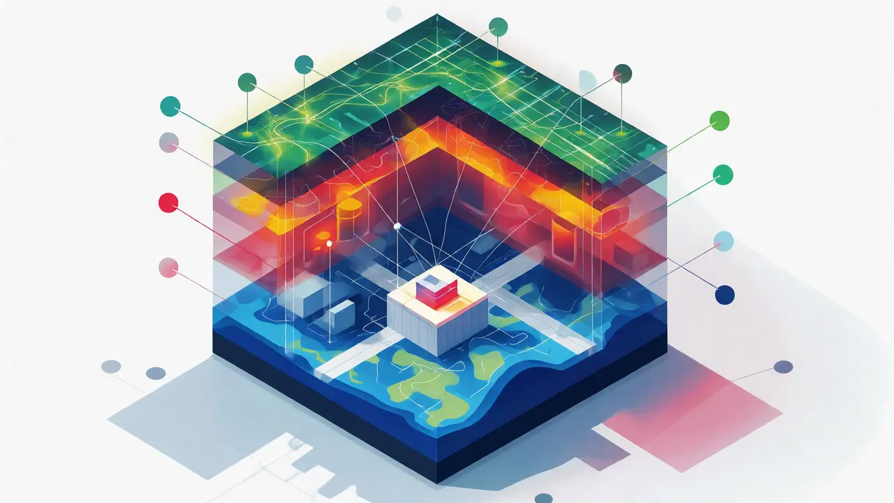 Ilustración conceptual de un bloque urbano desglosado en capas de datos geográficos y socioeconómicos