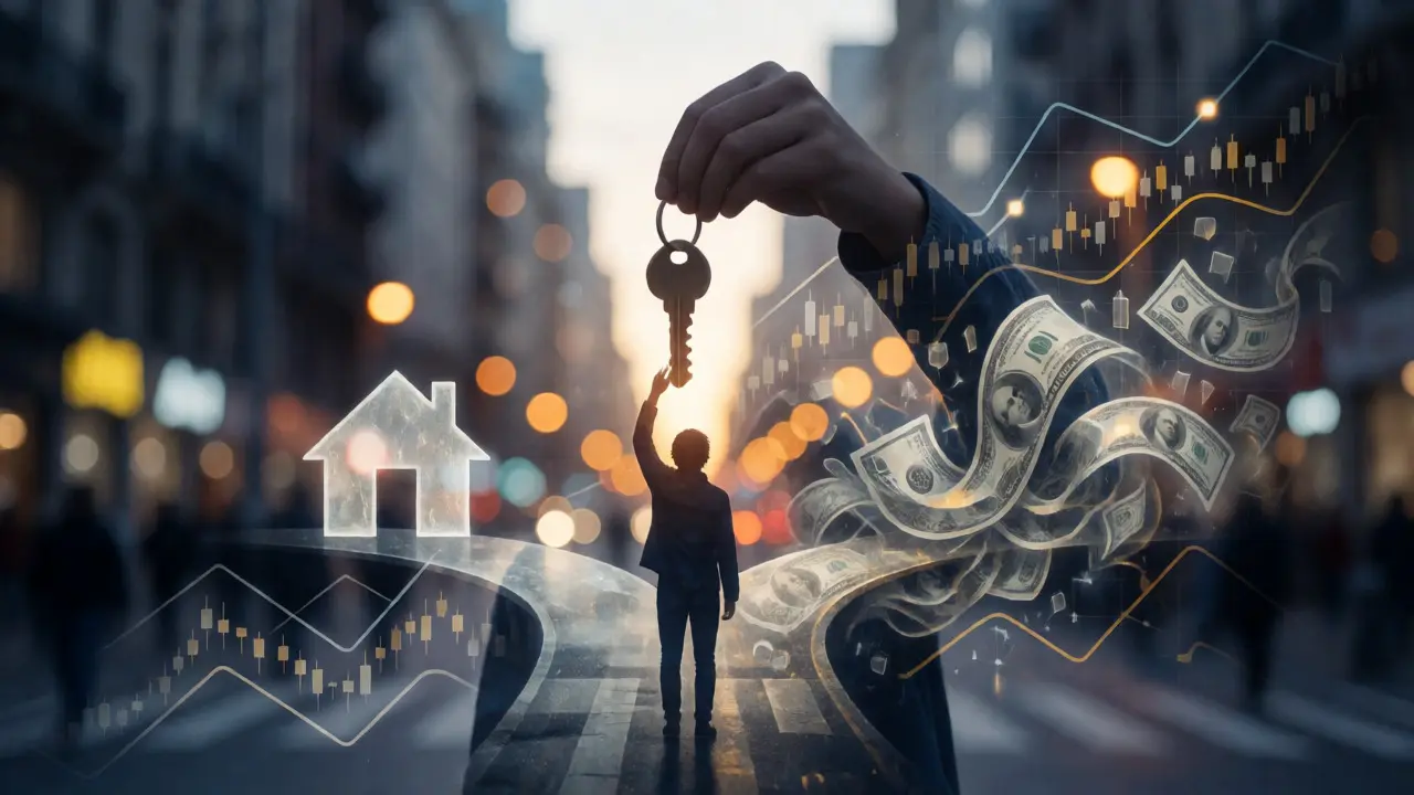 Imagen conceptual que fusiona la silueta de una persona con datos financieros y luces urbanas borrosas.
