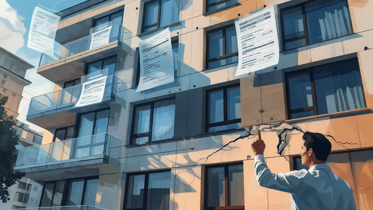 Inspección técnica de fachada de edificio con superposición de controles municipales.