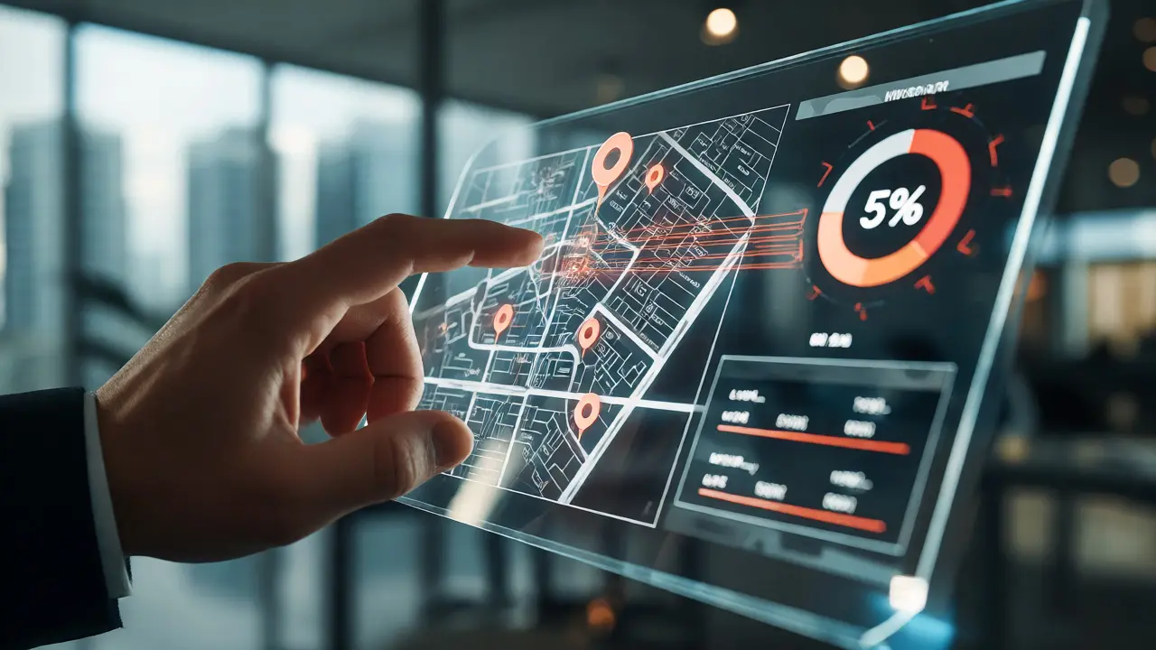 Interfaz táctil mostrando mapas de transacciones inmobiliarias y modelos de valoración en tiempo real
