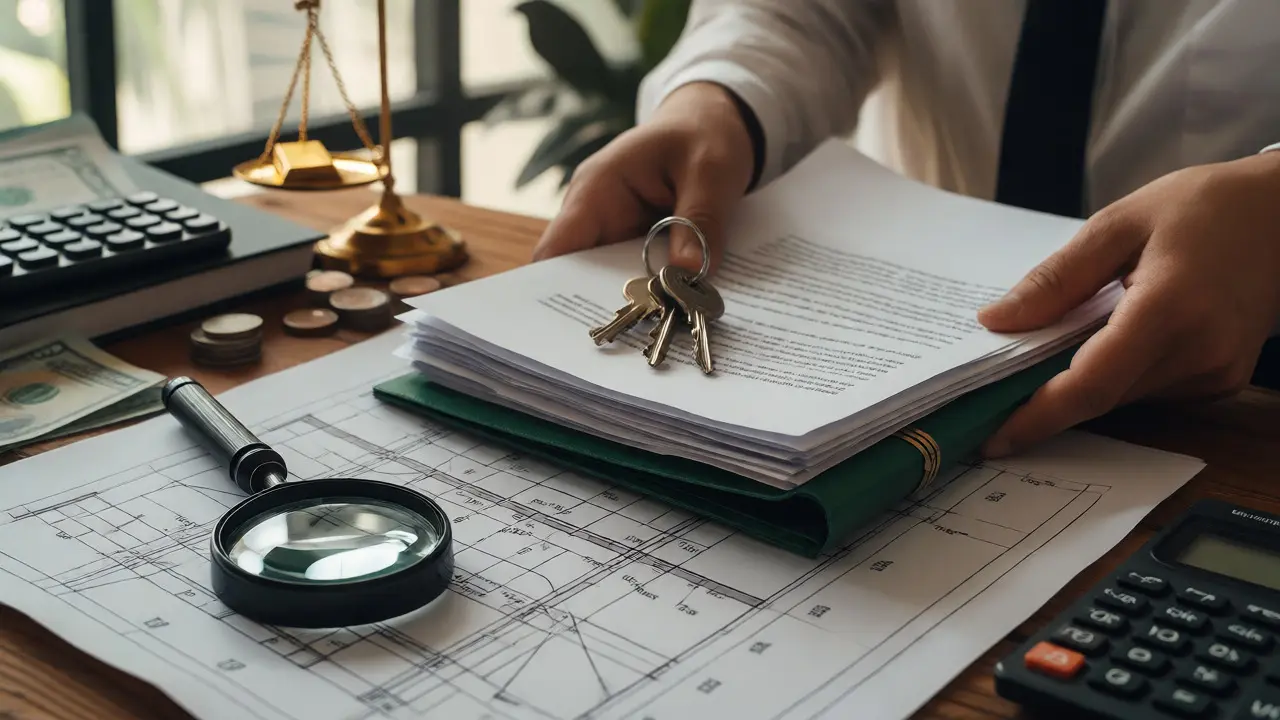 Manos revisando documentos legales y planos de una propiedad en una mesa de oficina
