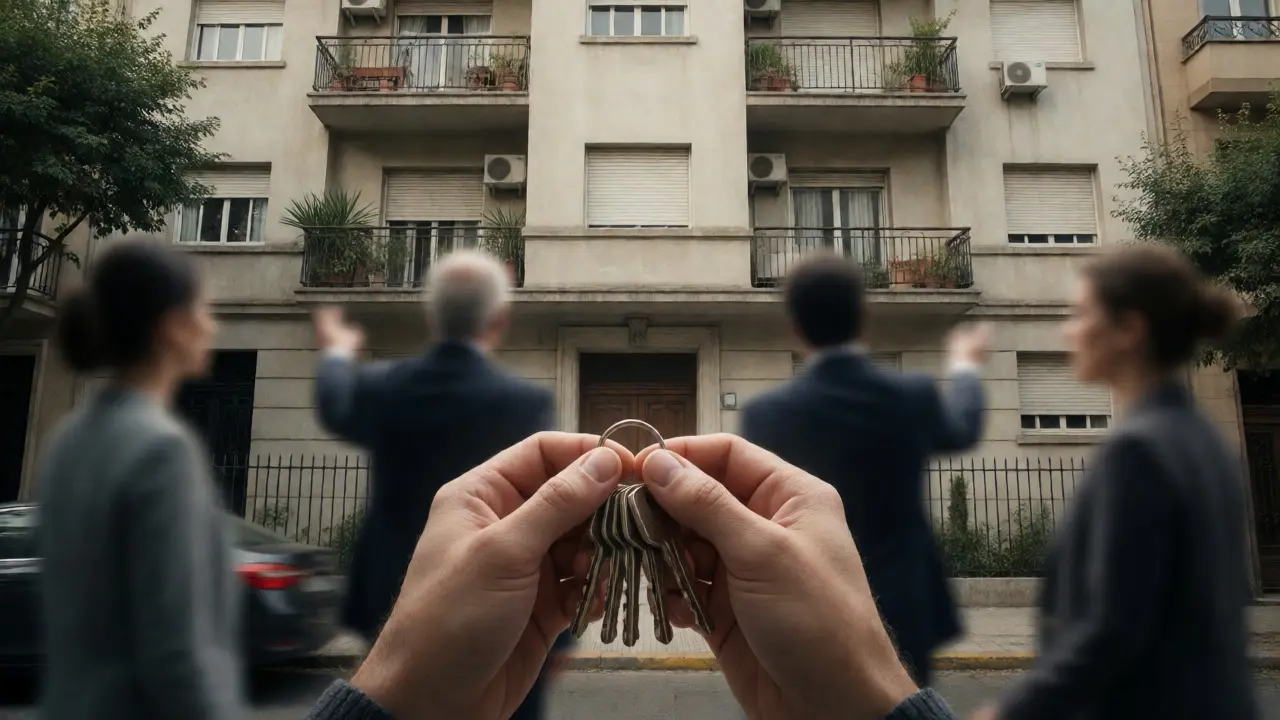 Manos sosteniendo llaves frente a edificio residencial en Argentina