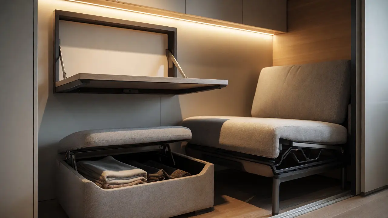 Muebles multifuncionales como escritorio plegable y otomana con almacenamiento en apartamento pequeño