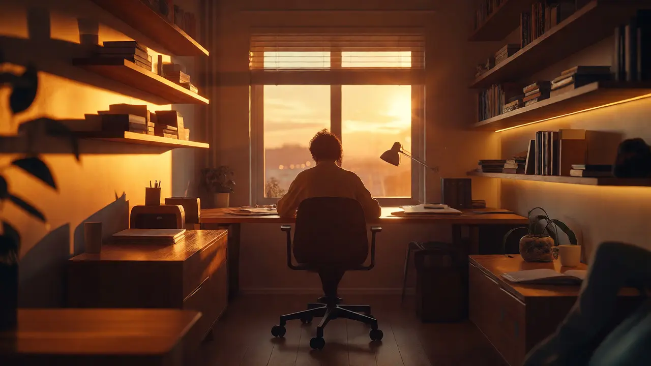 Oficina en casa iluminada con tonos cálidos al atardecer