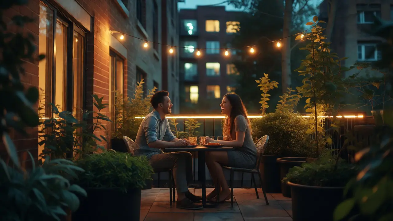 Pareja cenando en un patio iluminado por luces cálidas en zona urbana