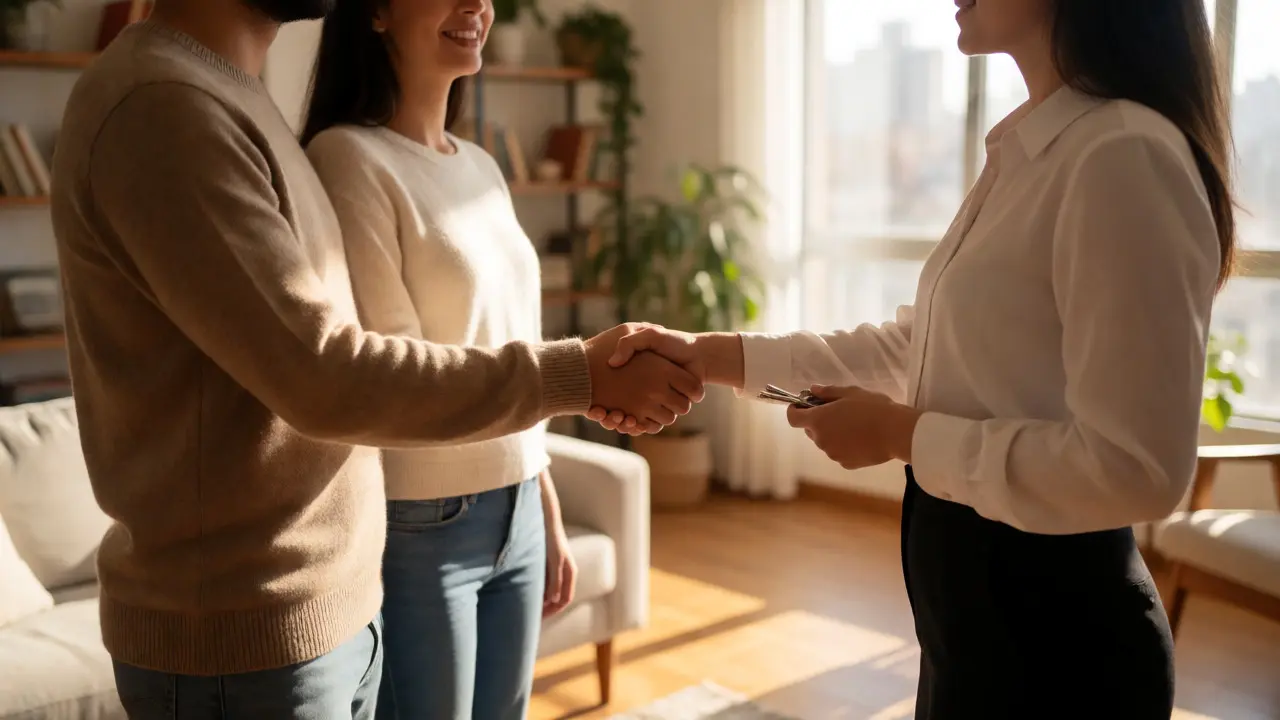 Pareja estrechando manos con un agente inmobiliario en un apartamento luminoso tras cerrar la compra.