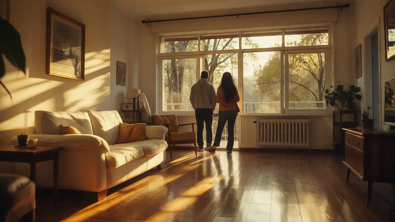 Pareja feliz mirando por la ventana de su nuevo apartamento iluminado por el sol