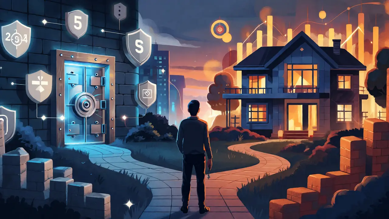 Person at a crossroads choosing between a secure vault and a house under construction