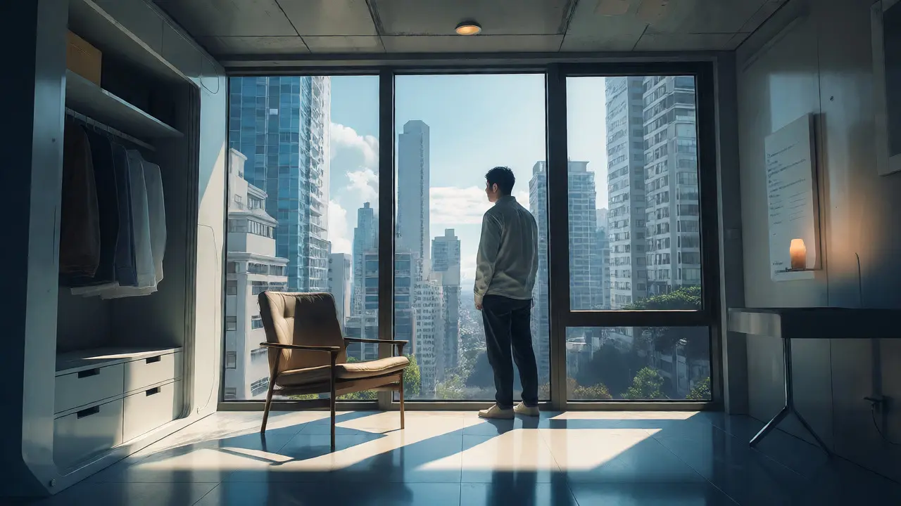 Persona contemplando la ciudad desde una microvivienda minimalista y ordenada