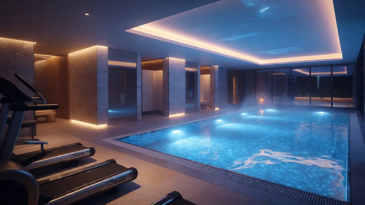 Piscina climatizada interior iluminada con luces LED en centro de bienestar exclusivo.