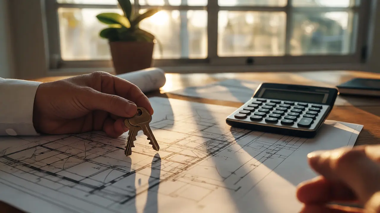 Primer plano de manos con llaves y planos arquitectónicos sobre escritorio de madera.