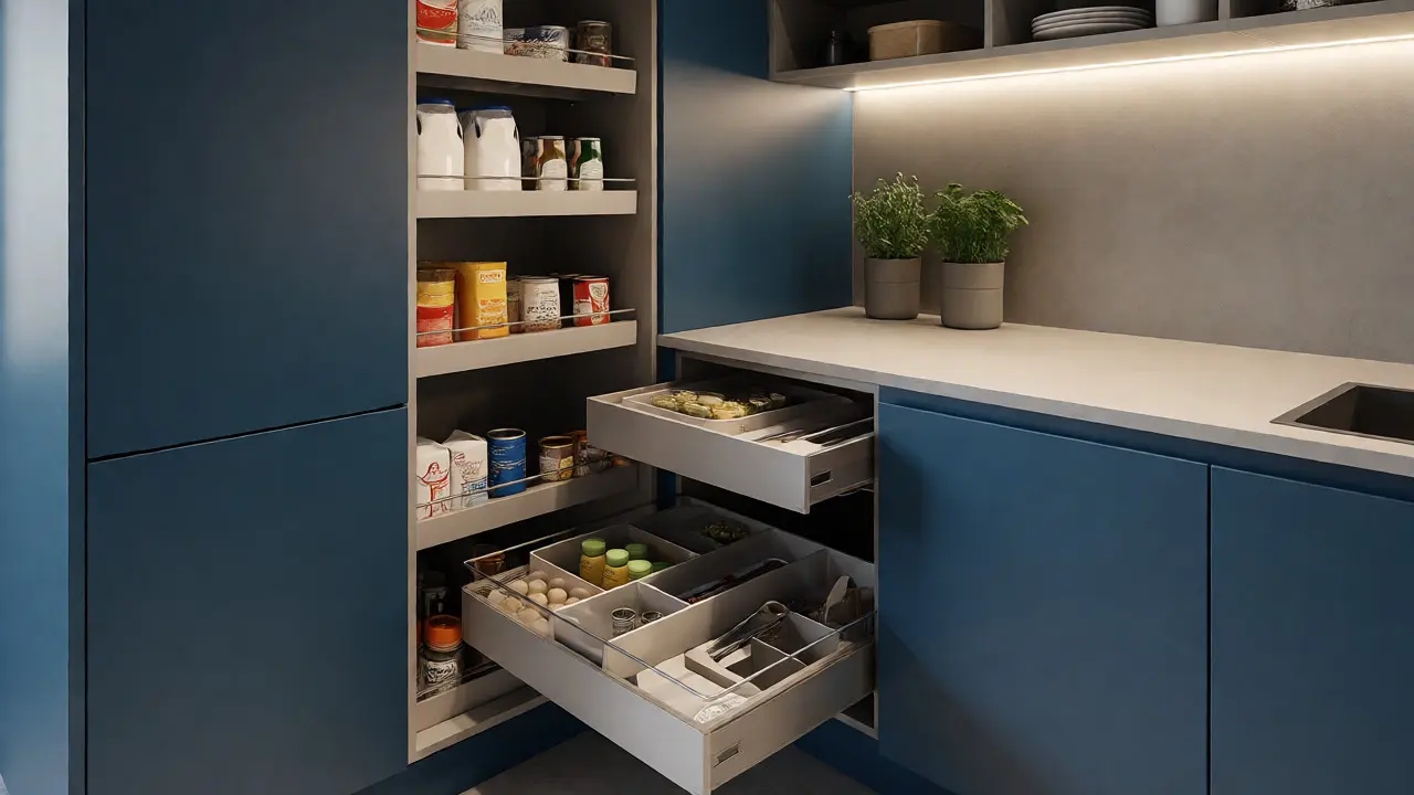 Rincón de cocina con despensa alta azul y cajones organizadores