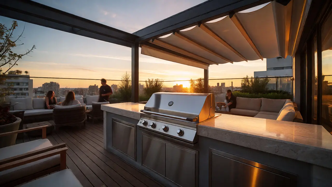 Terraza en azotea con parrilla integrada y vistas urbanas al atardecer.