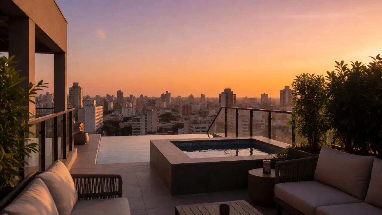 Terraza privada de lujo con vistas urbanas al atardecer.