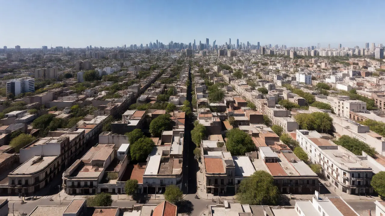 Vista aérea del tejido urbano histórico de San Telmo con el skyline de Buenos Aires de fondo.