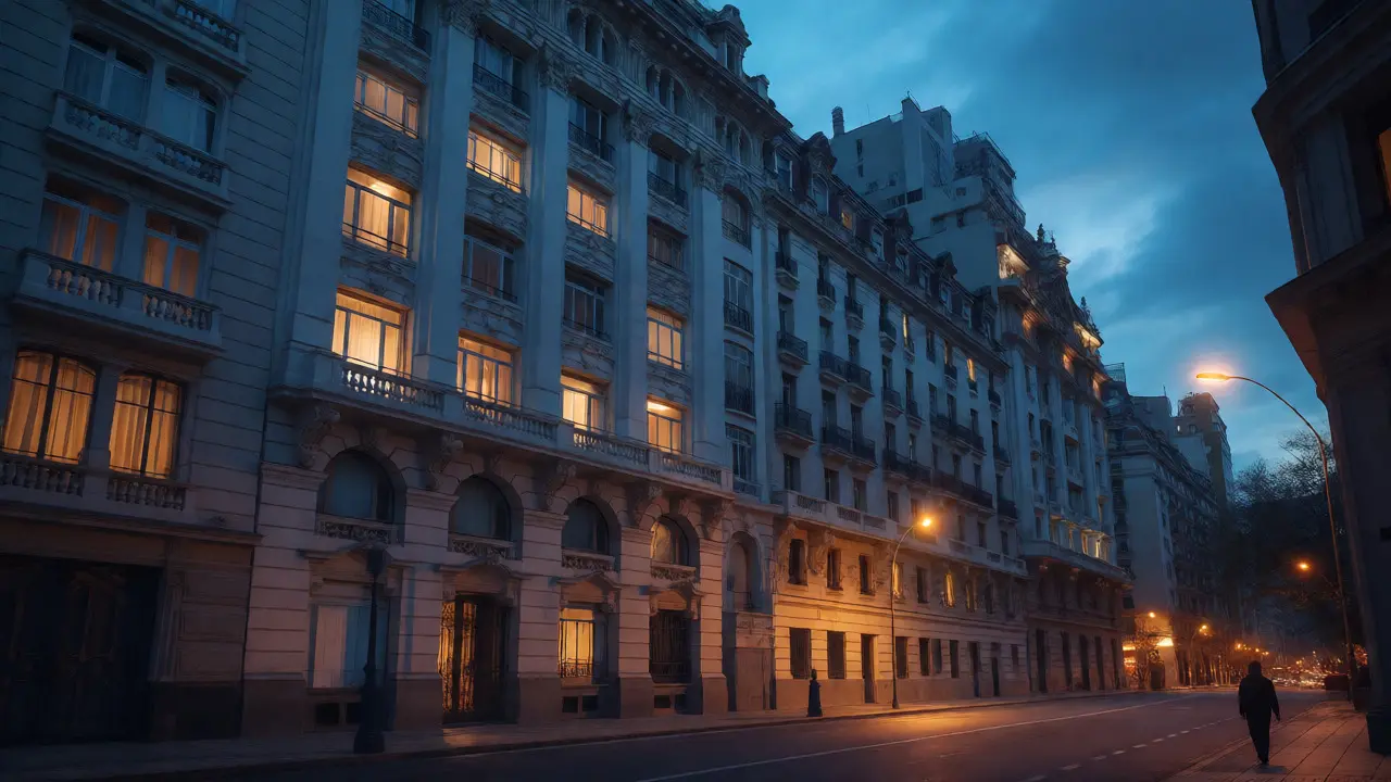 Vista nocturna de edificios históricos elegantes en Recoleta, Buenos Aires.