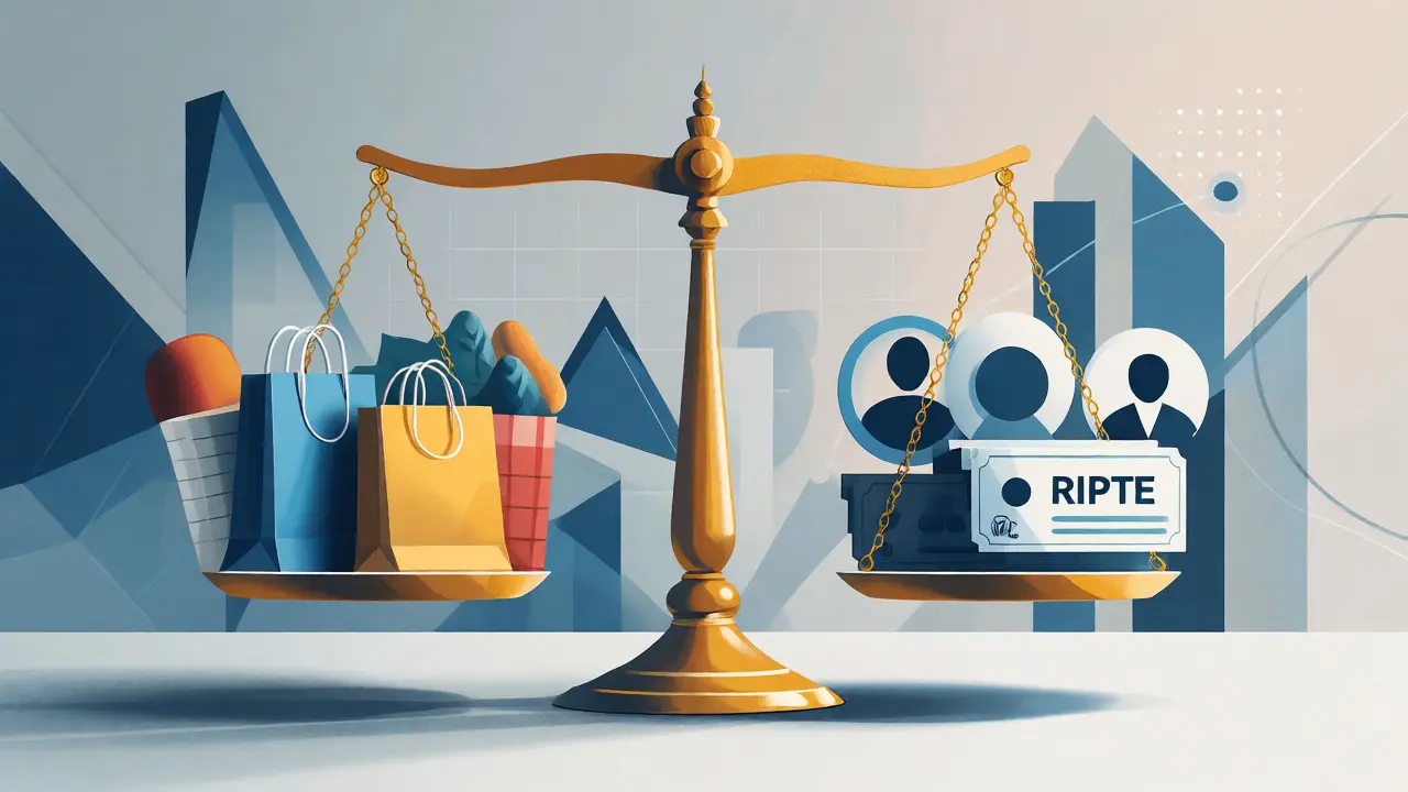 Balanza conceptual equilibrando íconos de compras y salarios para ilustrar el índice ICL.