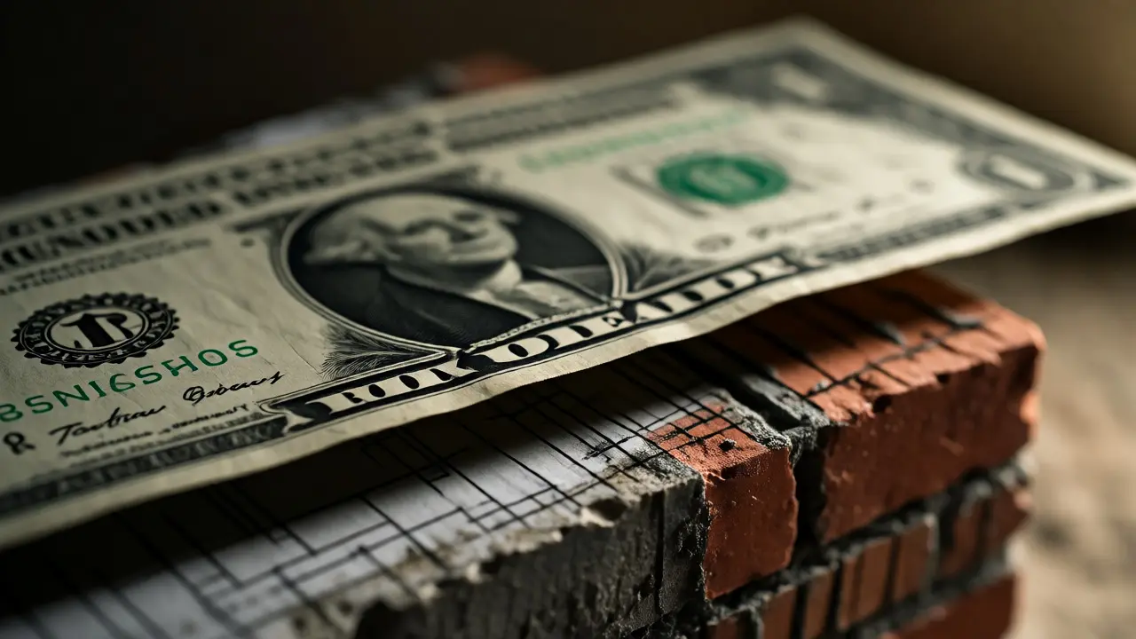 Billete de dólares descansando sobre un plano arquitectónico o ladrillo texturizado.