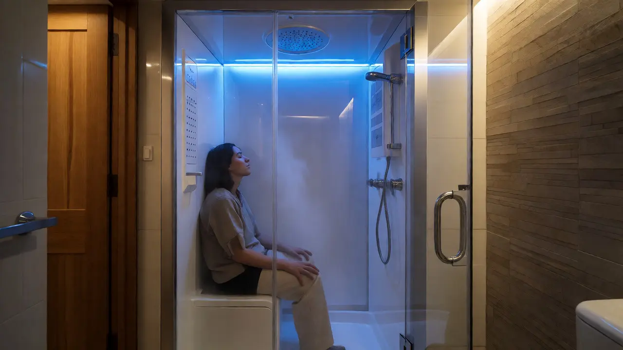 Cabina de ducha multifuncional con luces LED azules y una persona relajándose entre la neblina.