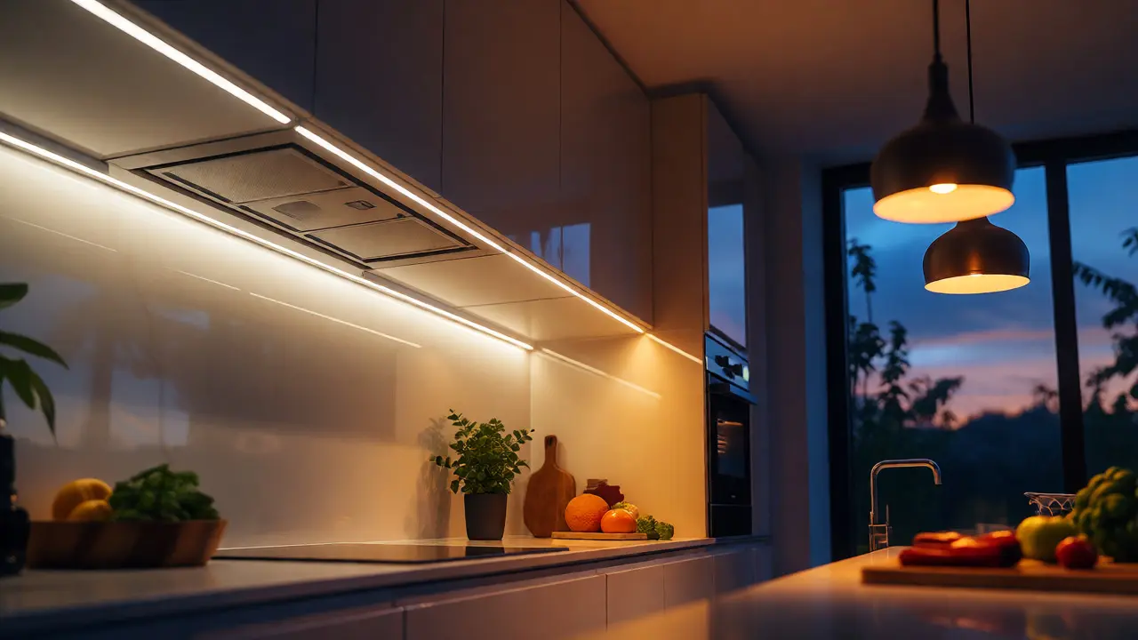 Cocina contemporánea con iluminación LED en capas durante el atardecer.