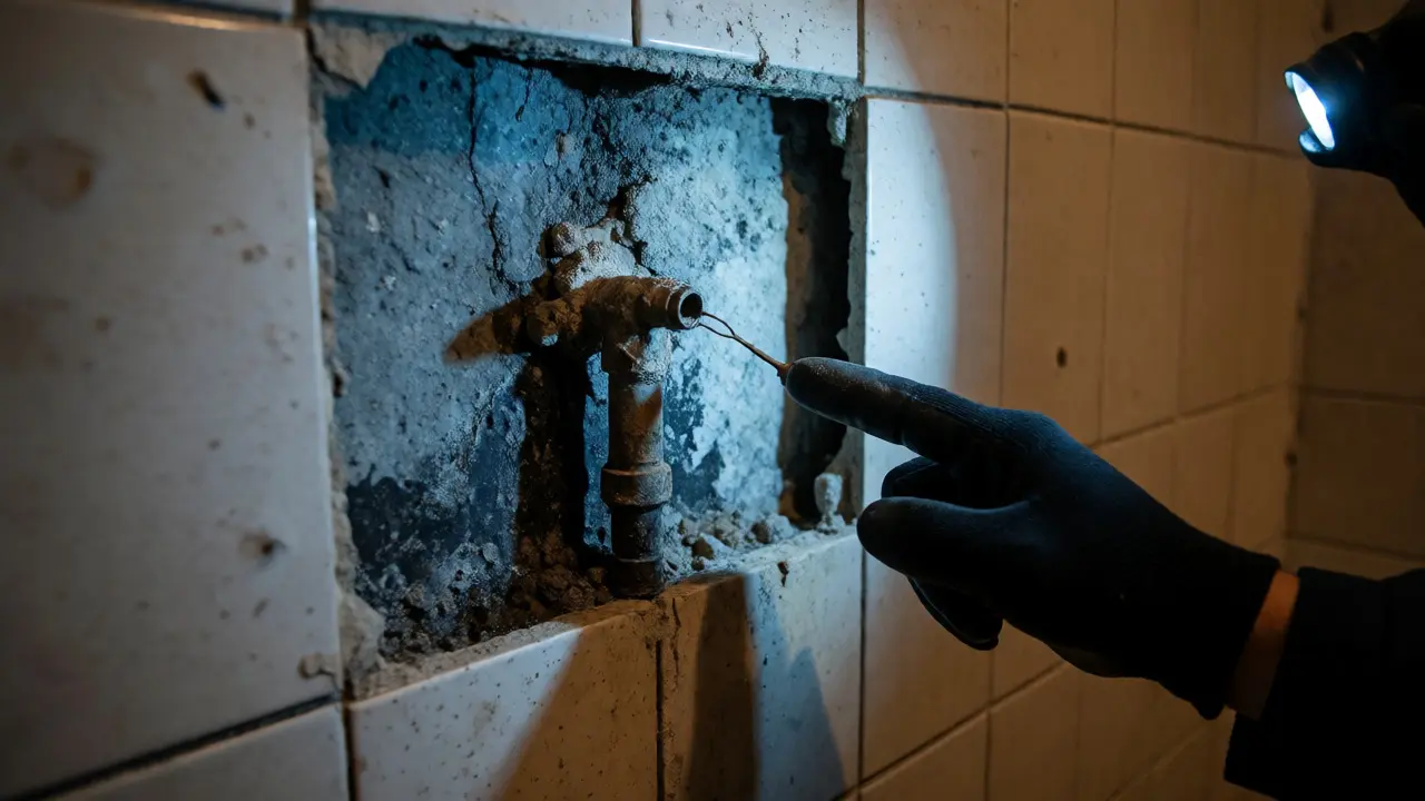 Daño por humedad oculto detrás de azulejos de baño