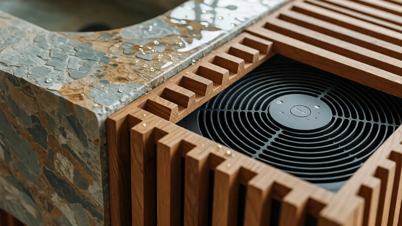 Detalle de materiales naturales y tecnología geotérmica en baño de lujo
