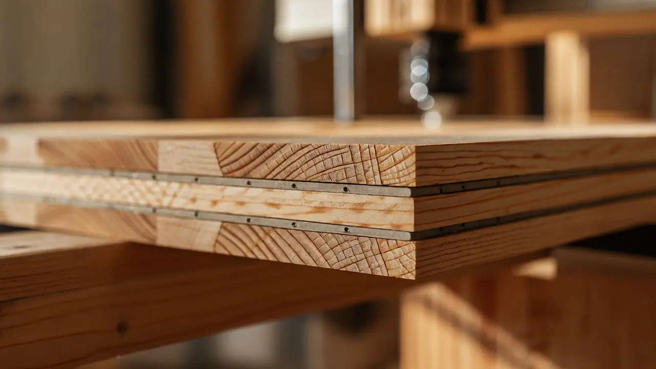 Detalle técnico de las capas cruzadas de un panel de madera laminada CLT en fábrica.