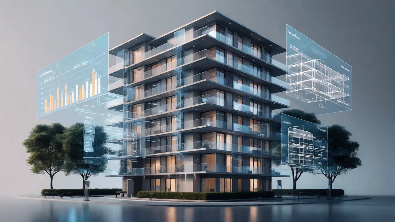 Edificio rodeado de capas holográficas que representan métodos de valoración.