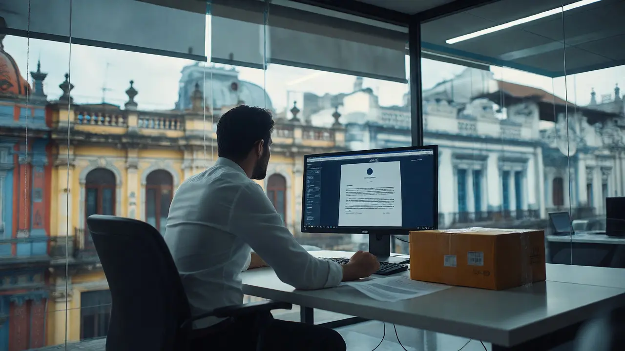 Hombre frustrado mirando un contrato rechazado en una oficina moderna