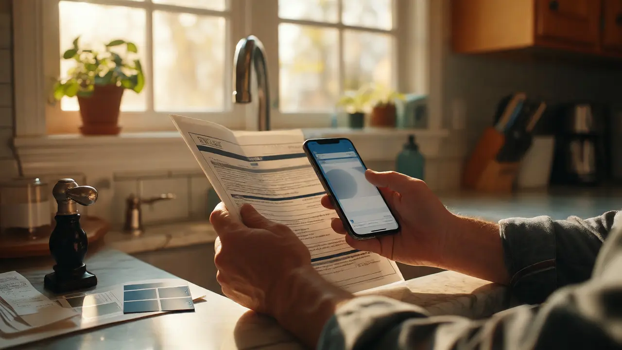 Homeowner reviewing insurance documents in a sunlit kitchen with renovation items.