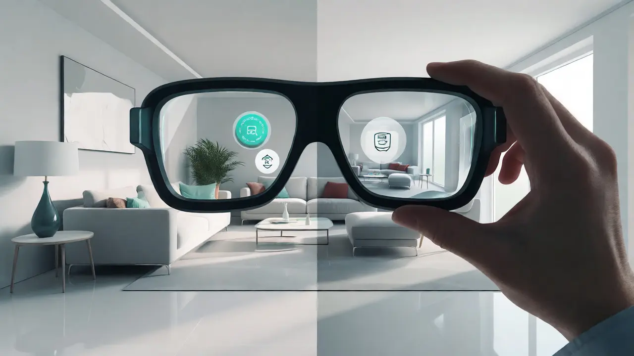 Ilustración conceptual de realidad aumentada en una sala vacía mostrando muebles virtuales y verificaciones.