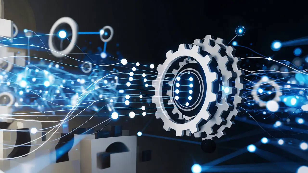 Ilustración conceptual de red de suministro automatizada con líneas de datos brillantes simbolizando eficiencia tecnológica.