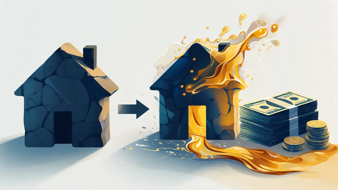 Ilustración conceptual de una casa transformándose en liquidez financiera mediante un flujo dorado.