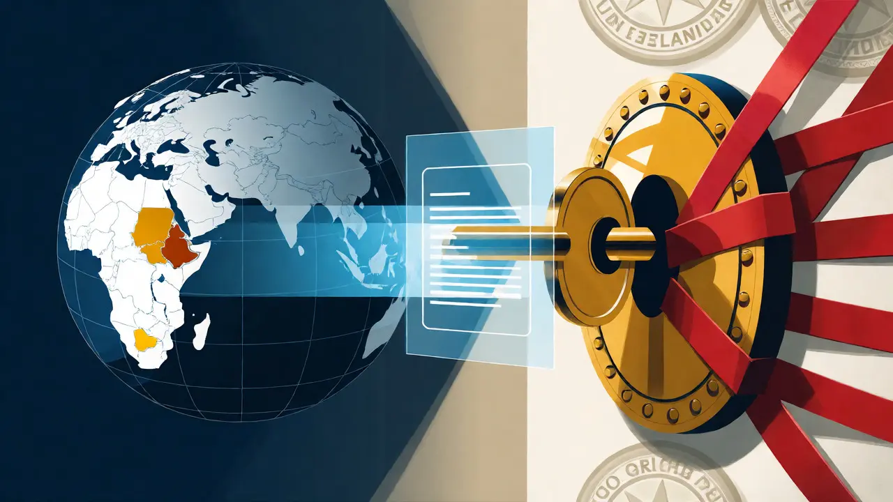 Ilustración conceptual de una llave dorada desbloqueando burocracia internacional