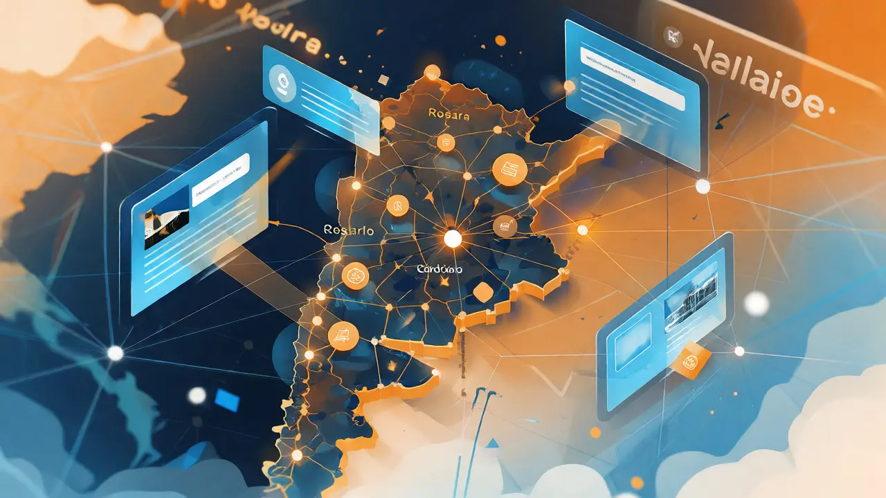 Ilustración conceptual del mercado inmobiliario argentino conectado por datos y portales digitales.