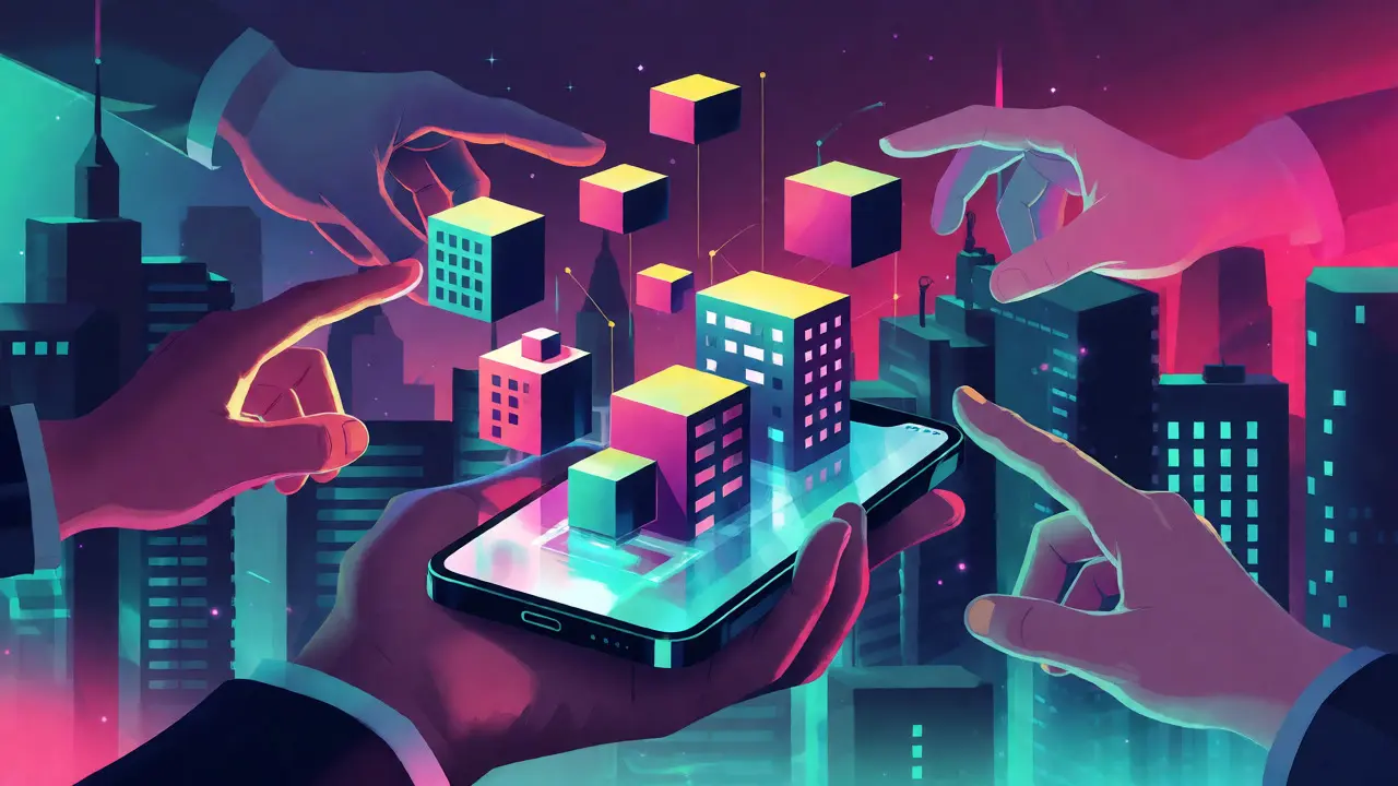 Ilustración digital de inversión inmobiliaria colaborativa vía móvil