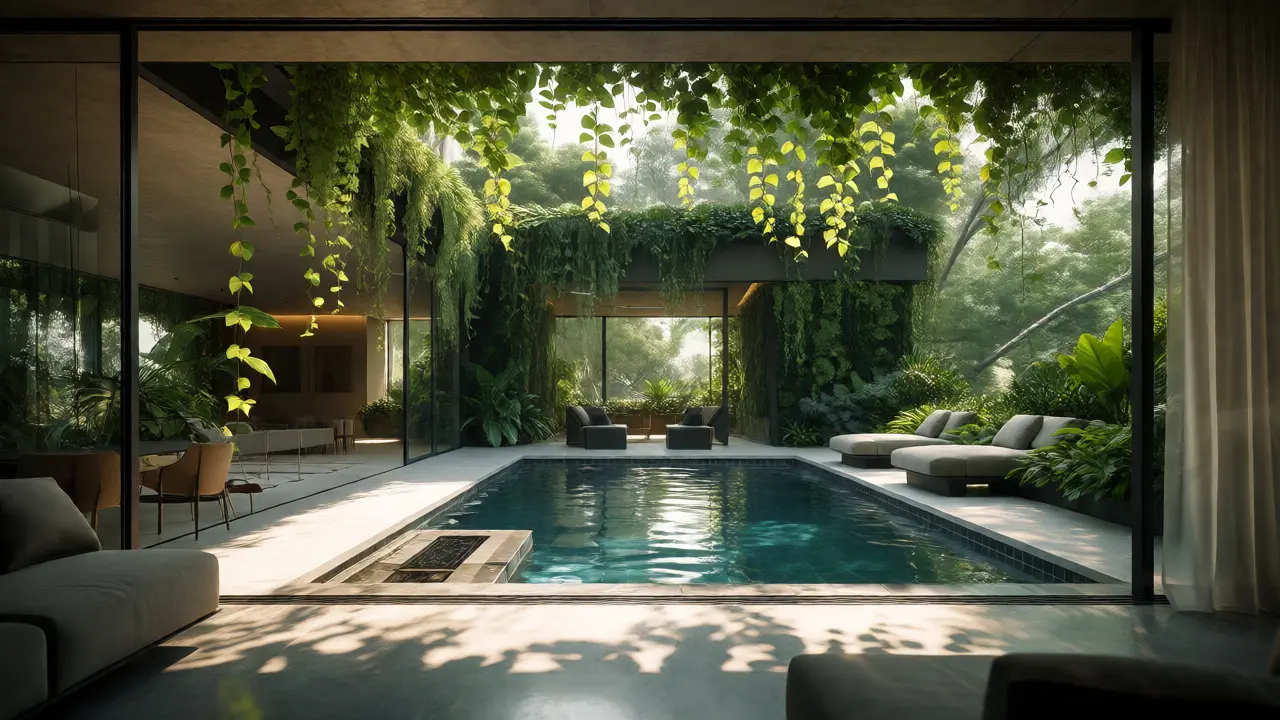 Interior de lujo con jardín vertical y piscina integrada en terraza