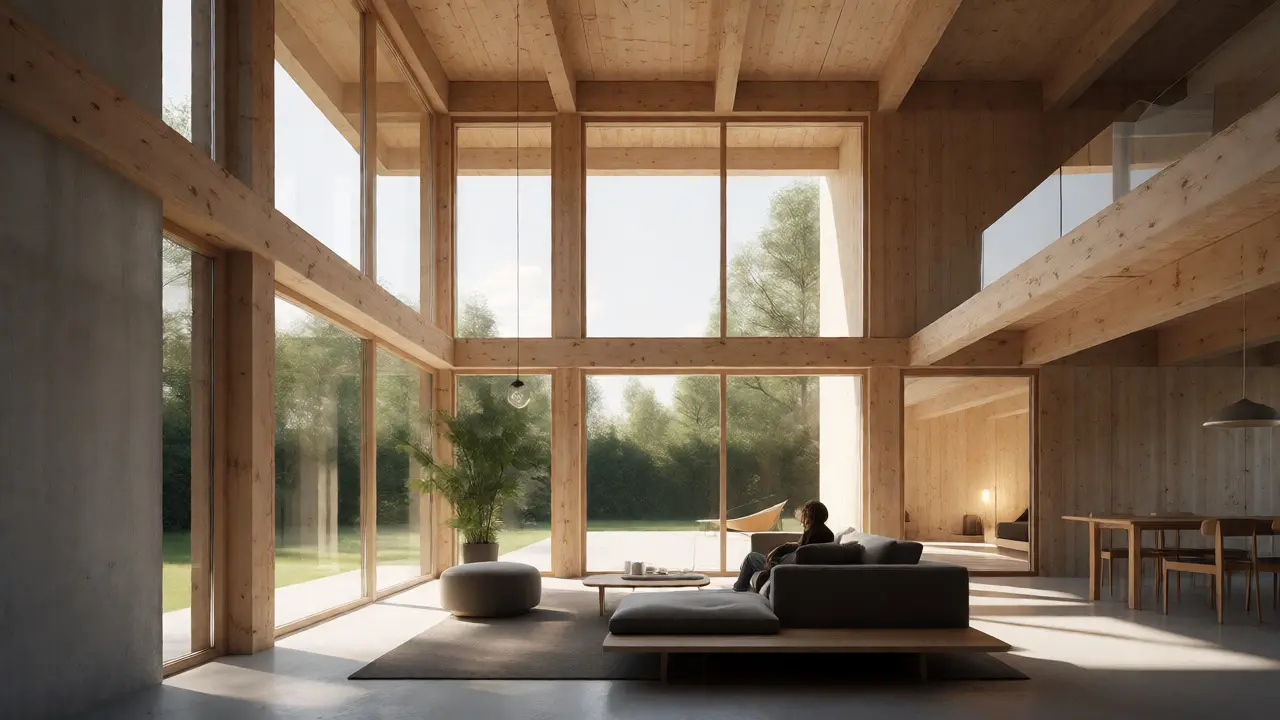 Interior moderno con paredes de madera expuesta y grandes ventanales llenos de luz natural.