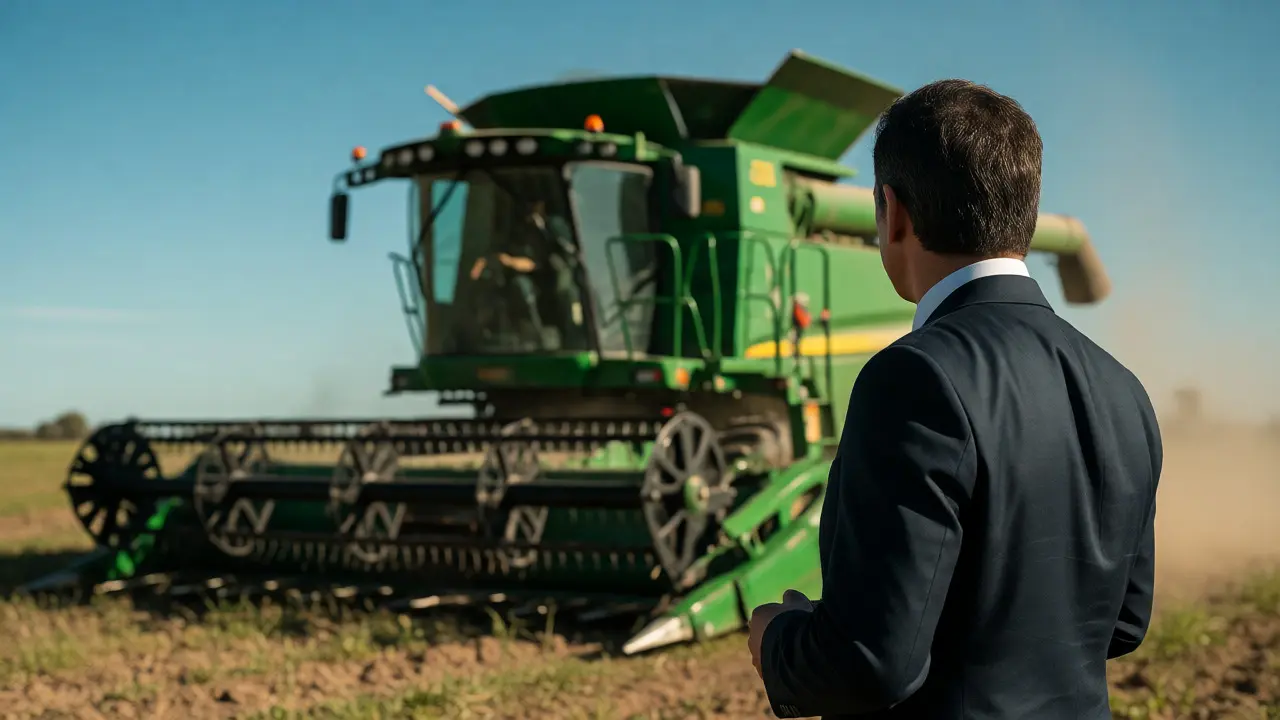 Inversor observando cosechadora en campo agrícola argentino bajo cielo despejado.