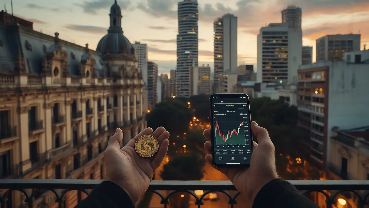 Inversor reflexivo en un balcón sosteniendo moneda física y gráfico financiero incierto.