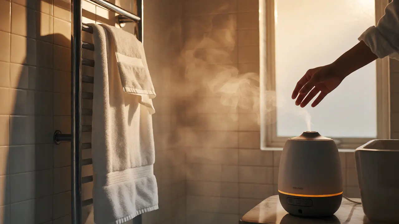 Mano tomando una toalla tibia junto a un difusor de aceites esenciales en baño con vapor.