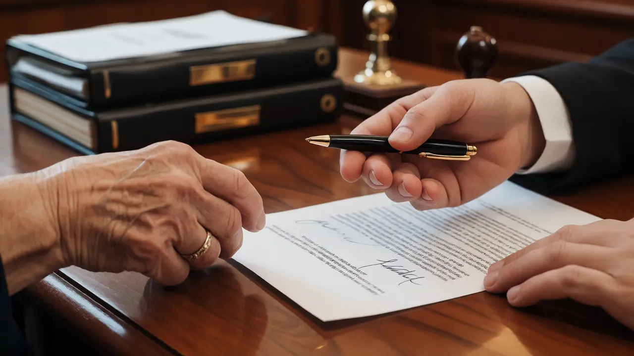 Manos firmando contrato de compraventa en oficina notarial