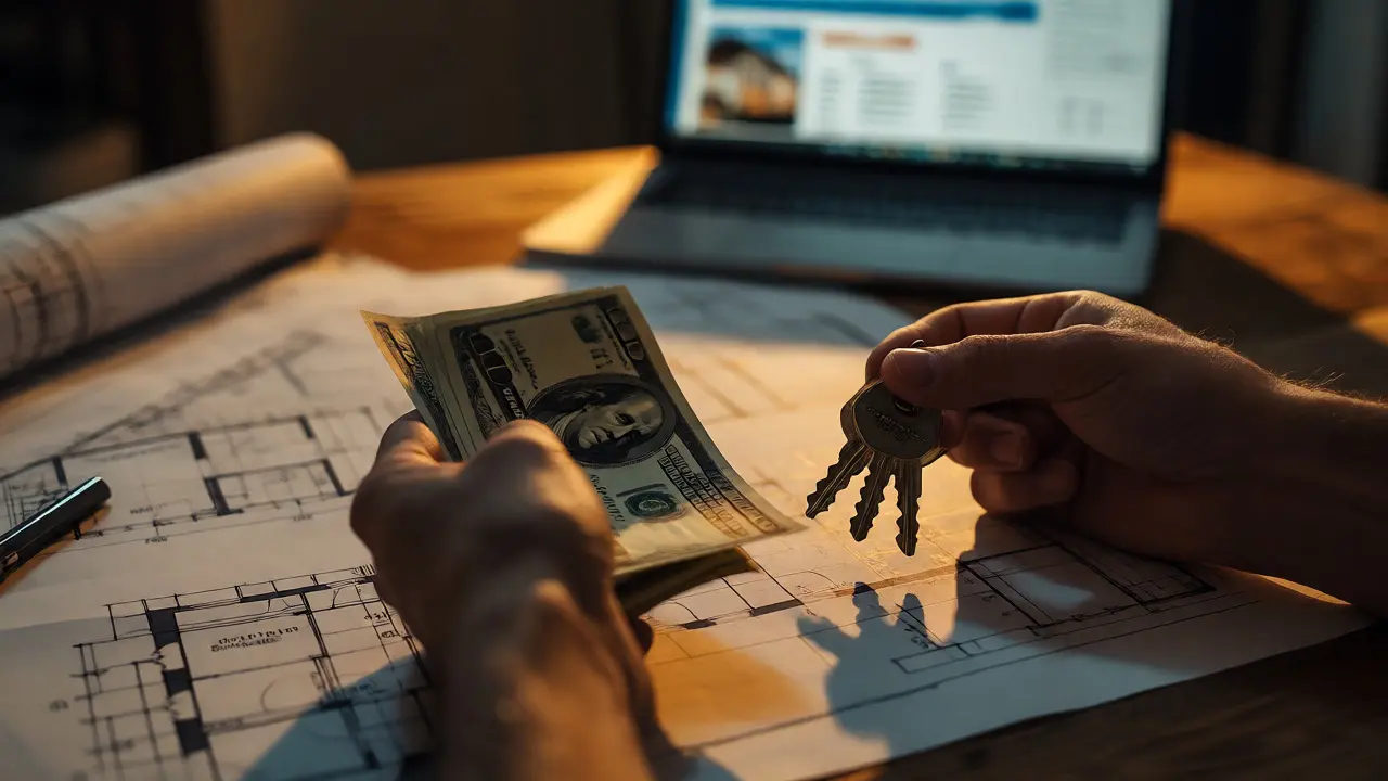 Manos sosteniendo dólares y llaves sobre planos arquitectónicos, simbolizando la compra de una propiedad.