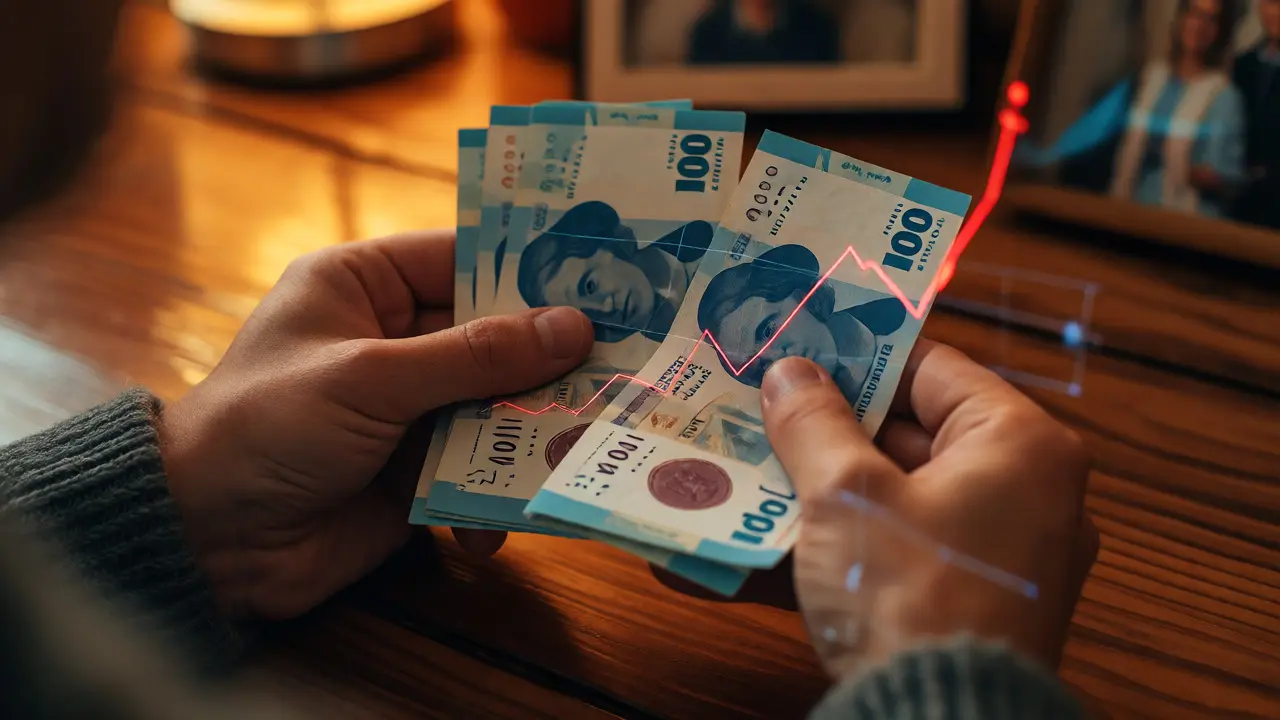 Manos sosteniendo pesos argentinos con gráfico ascendente superpuesto