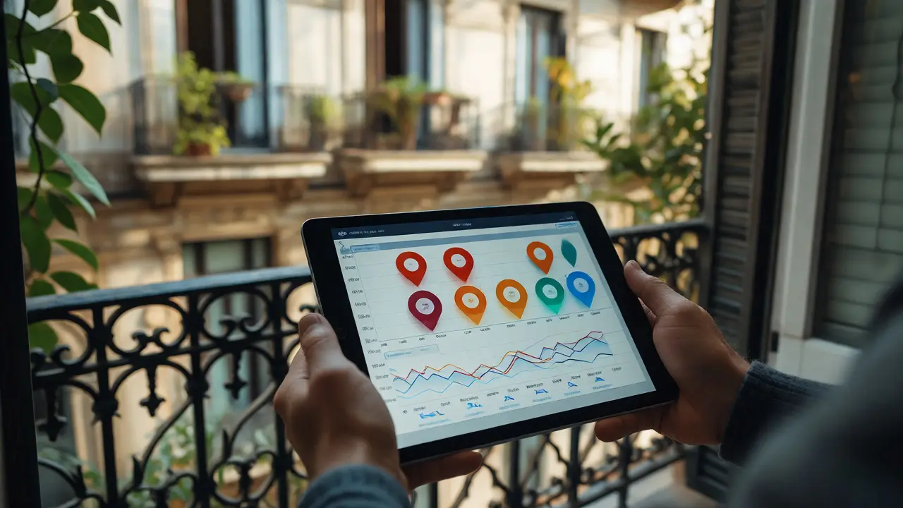 Manos sosteniendo tablet con datos de precios frente a un balcón argentino durante el día.