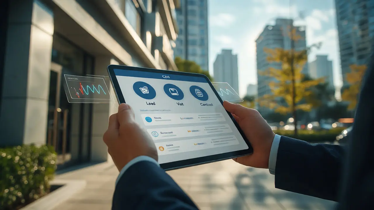 Manos sosteniendo una tableta con interfaz CRM al aire libre cerca de una propiedad moderna.