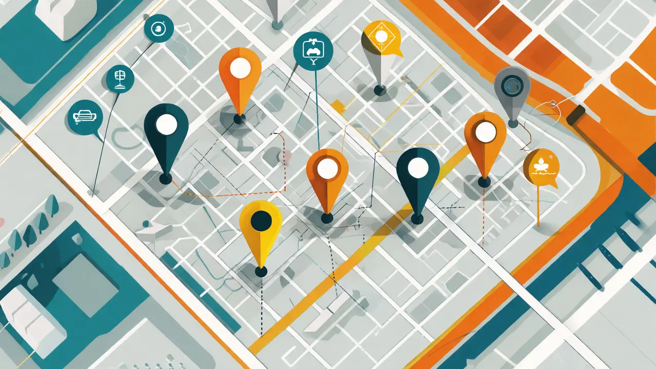 Mapa conceptual de un barrio con marcadores de ubicación y servicios cercanos.